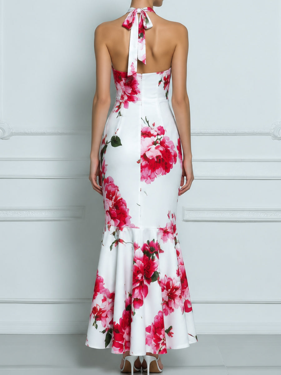 Halter Neck Floral Print Fitted Flared Hem Midi Dress