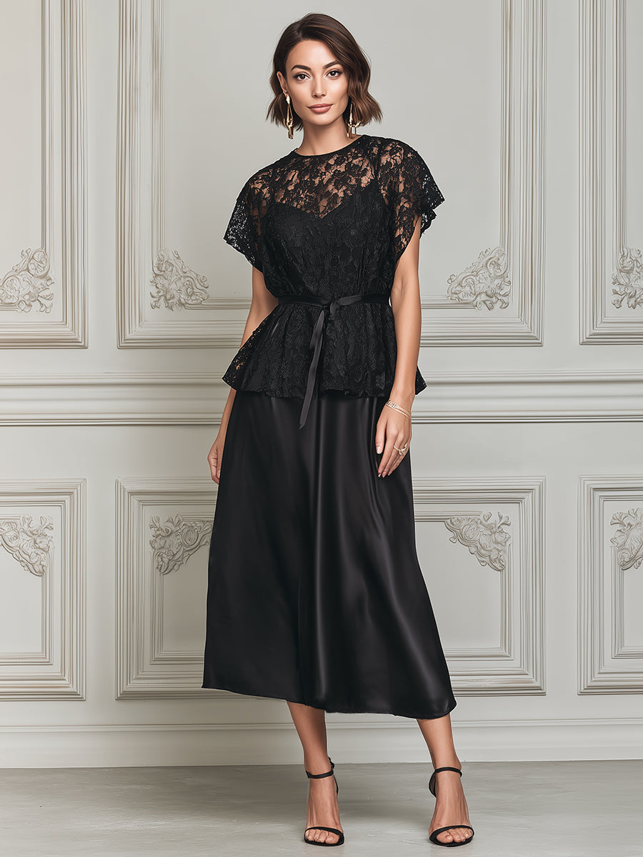 Gothic Romance Lace Blouse & Silk-Satin Slip Dress Set