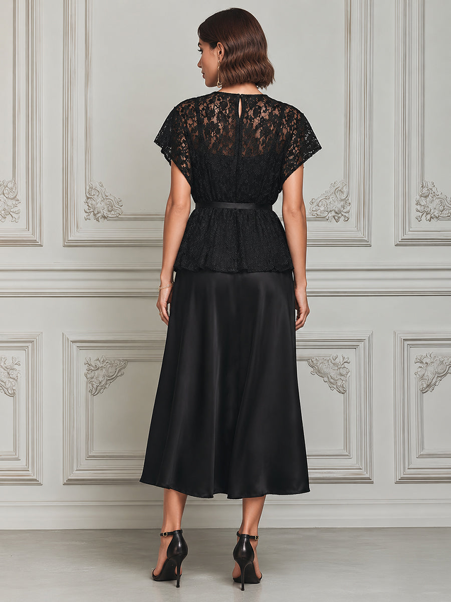 Gothic Romance Lace Blouse & Silk-Satin Slip Dress Set