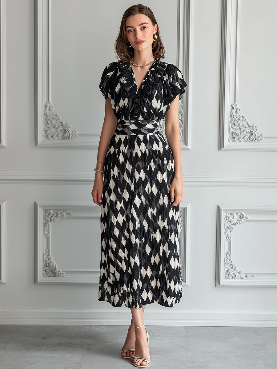 Harlequin Print Plissé Ruffle V-Neck Midi Dress