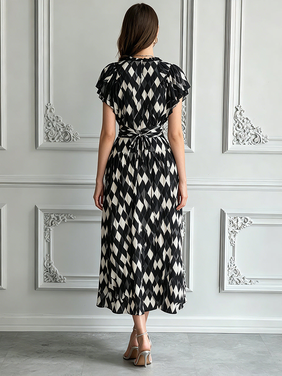 Harlequin Print Plissé Ruffle V-Neck Midi Dress
