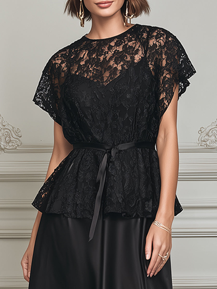 Gothic Romance Lace Blouse & Silk-Satin Slip Dress Set
