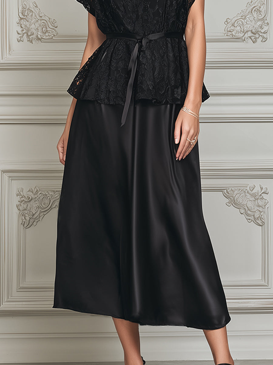 Gothic Romance Lace Blouse & Silk-Satin Slip Dress Set