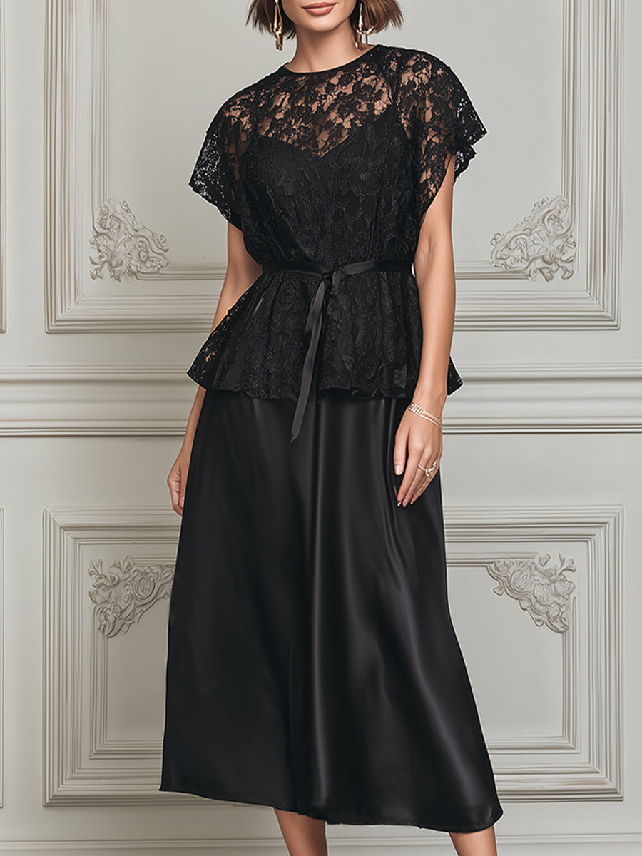 Gothic Romance Lace Blouse & Silk-Satin Slip Dress Set