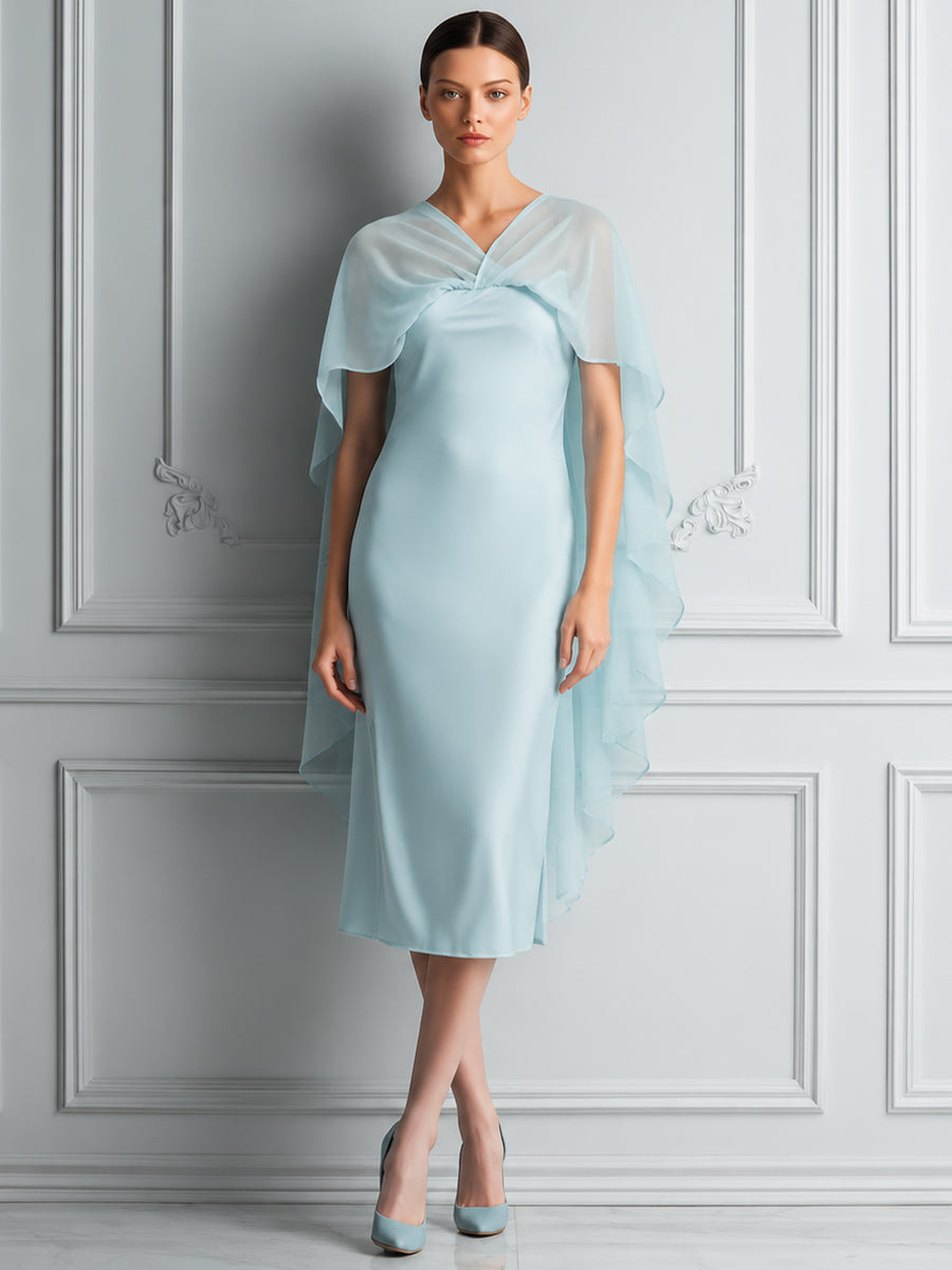 Chiffon Cape Overlay Elegant Midi Dress
