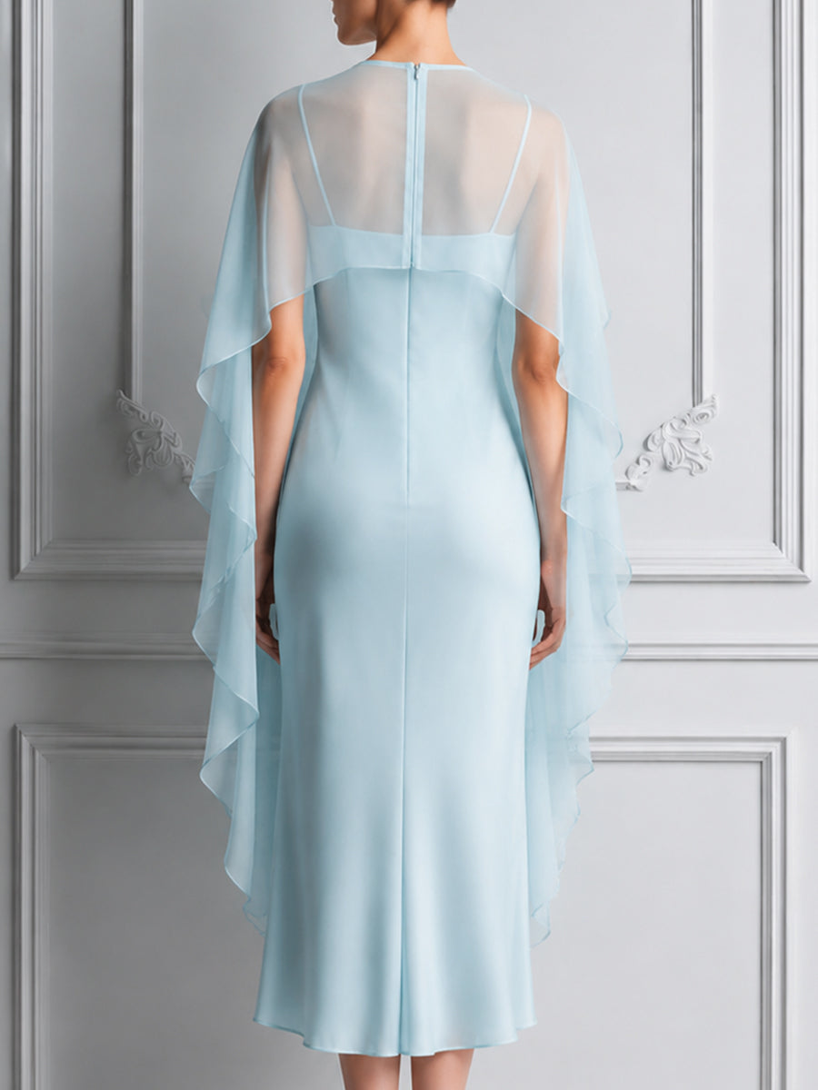 Chiffon Cape Overlay Elegant Midi Dress