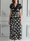 Harlequin Print Plissé Ruffle V-Neck Midi Dress
