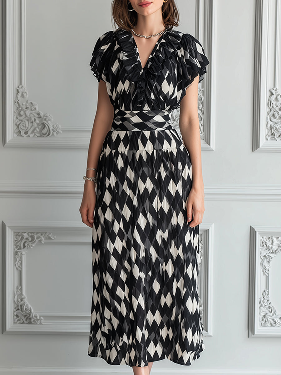 Harlequin Print Plissé Ruffle V-Neck Midi Dress