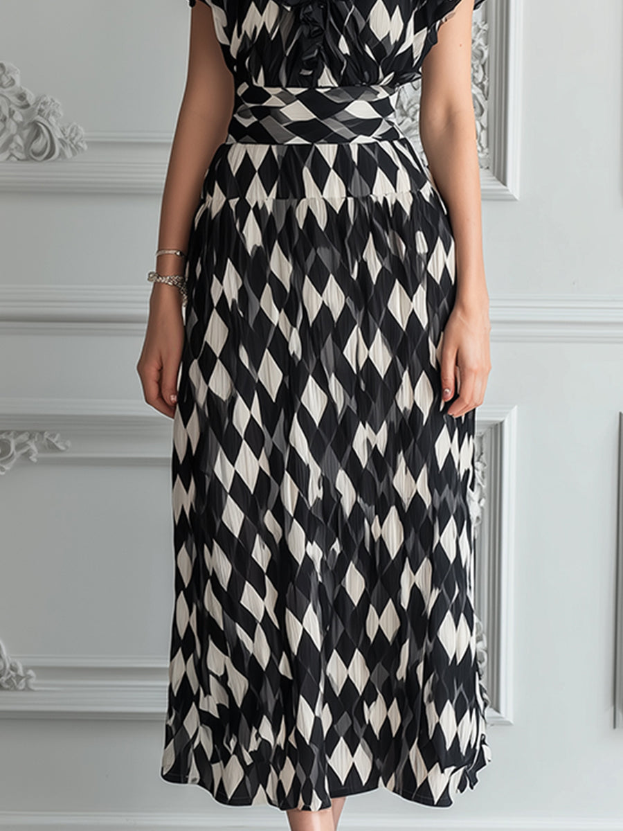 Harlequin Print Plissé Ruffle V-Neck Midi Dress