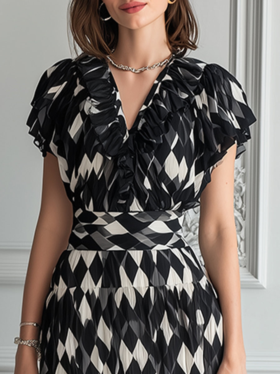 Harlequin Print Plissé Ruffle V-Neck Midi Dress