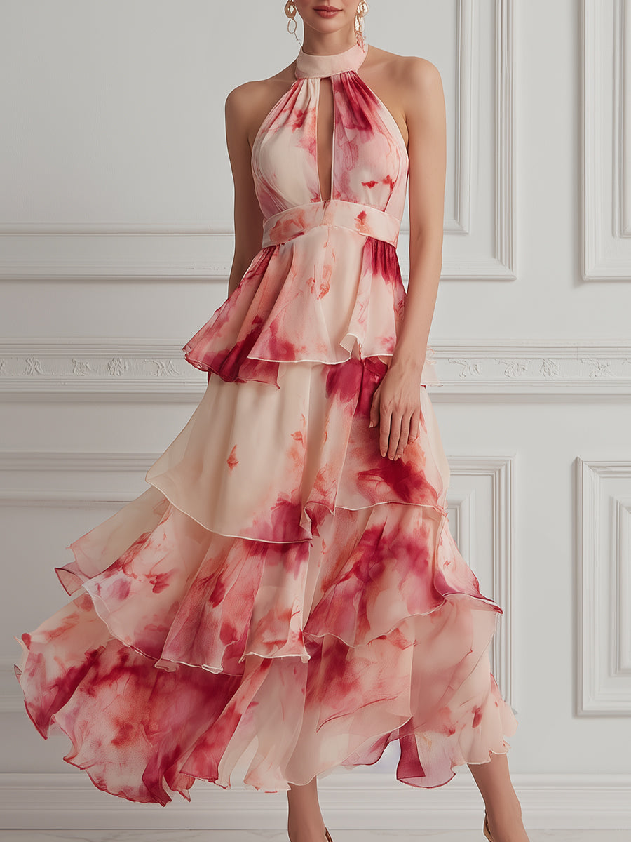Watercolor Floral Tiered Halter Maxi Dress