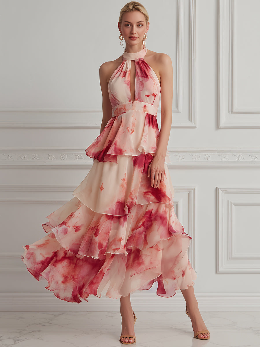 Watercolor Floral Tiered Halter Maxi Dress