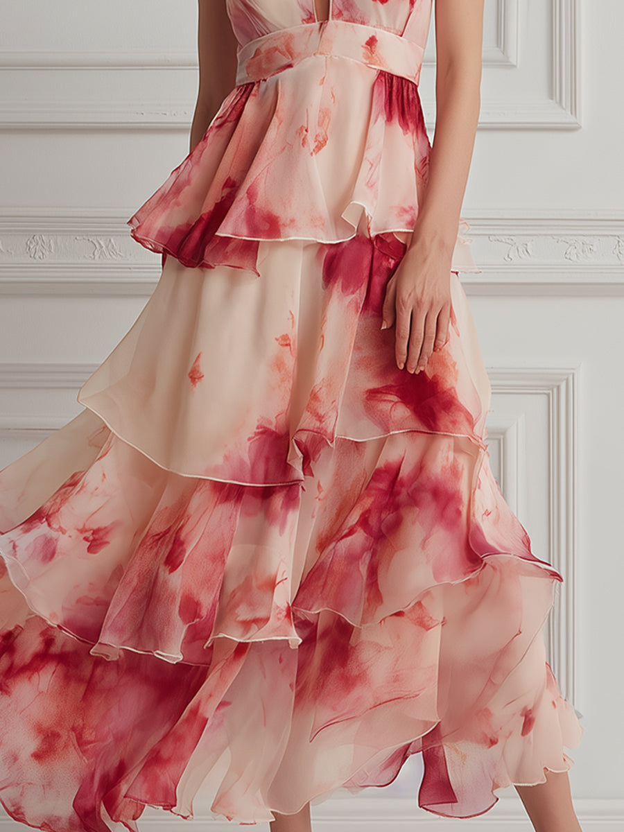 Watercolor Floral Tiered Halter Maxi Dress