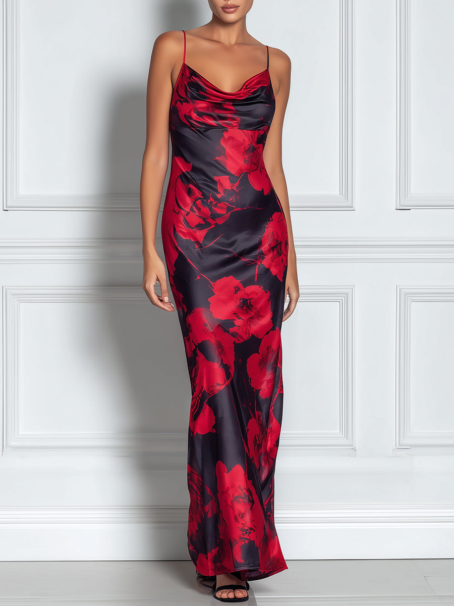 Romantic Floral Cowl-Neck Slip Maxi Dress