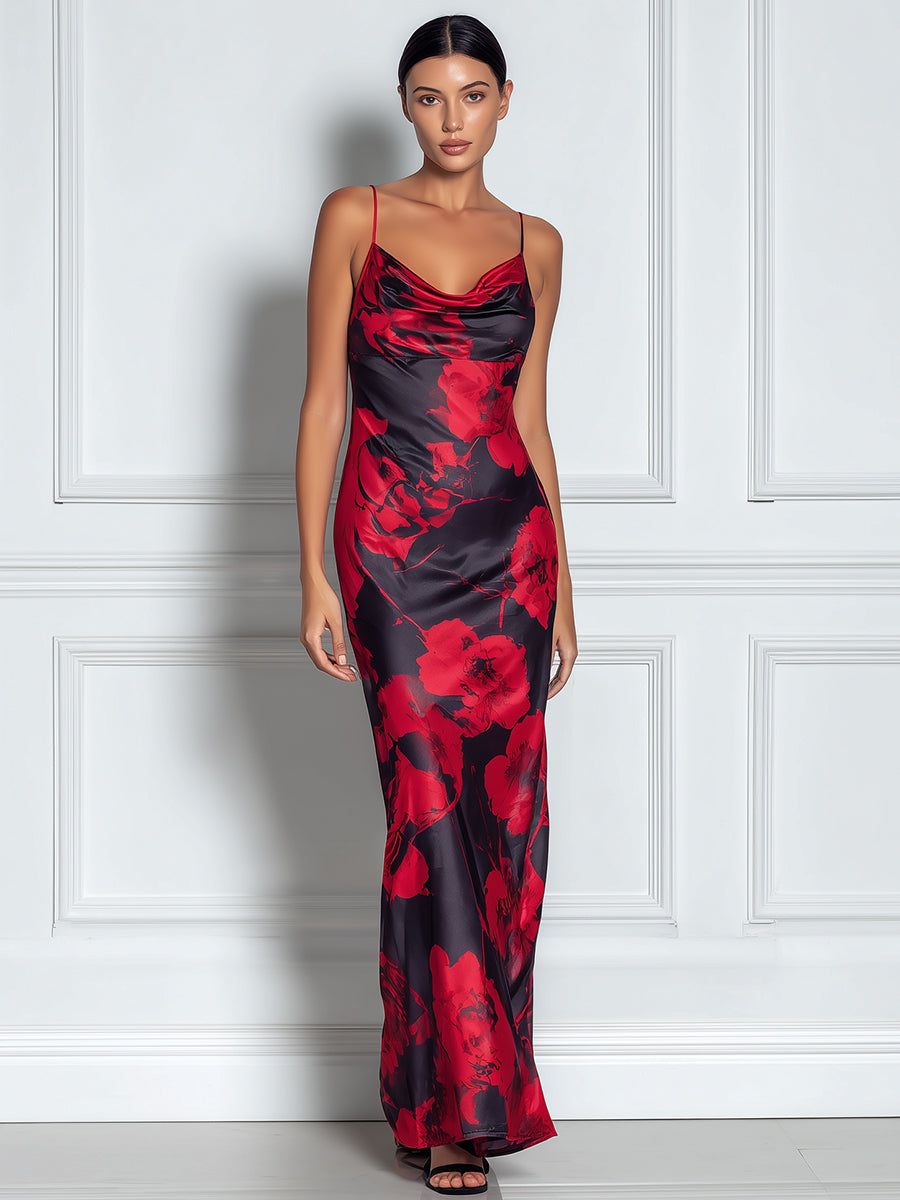 Romantic Floral Cowl-Neck Slip Maxi Dress