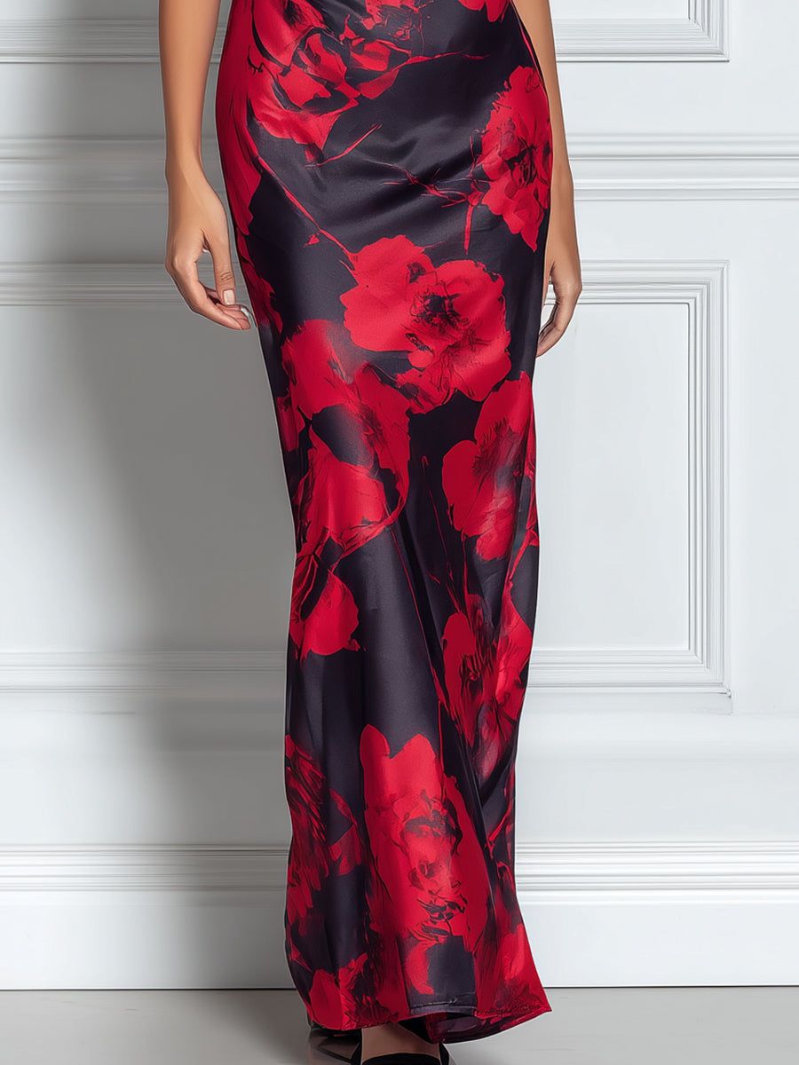 Romantic Floral Cowl-Neck Slip Maxi Dress