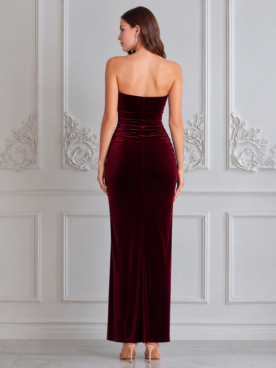 Burgundy Rosette Strapless Velvet Evening Dress