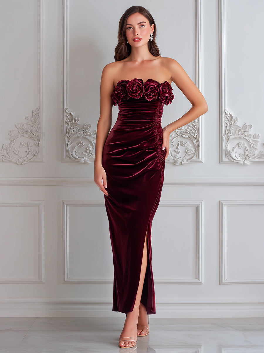 Burgundy Rosette Strapless Velvet Evening Dress