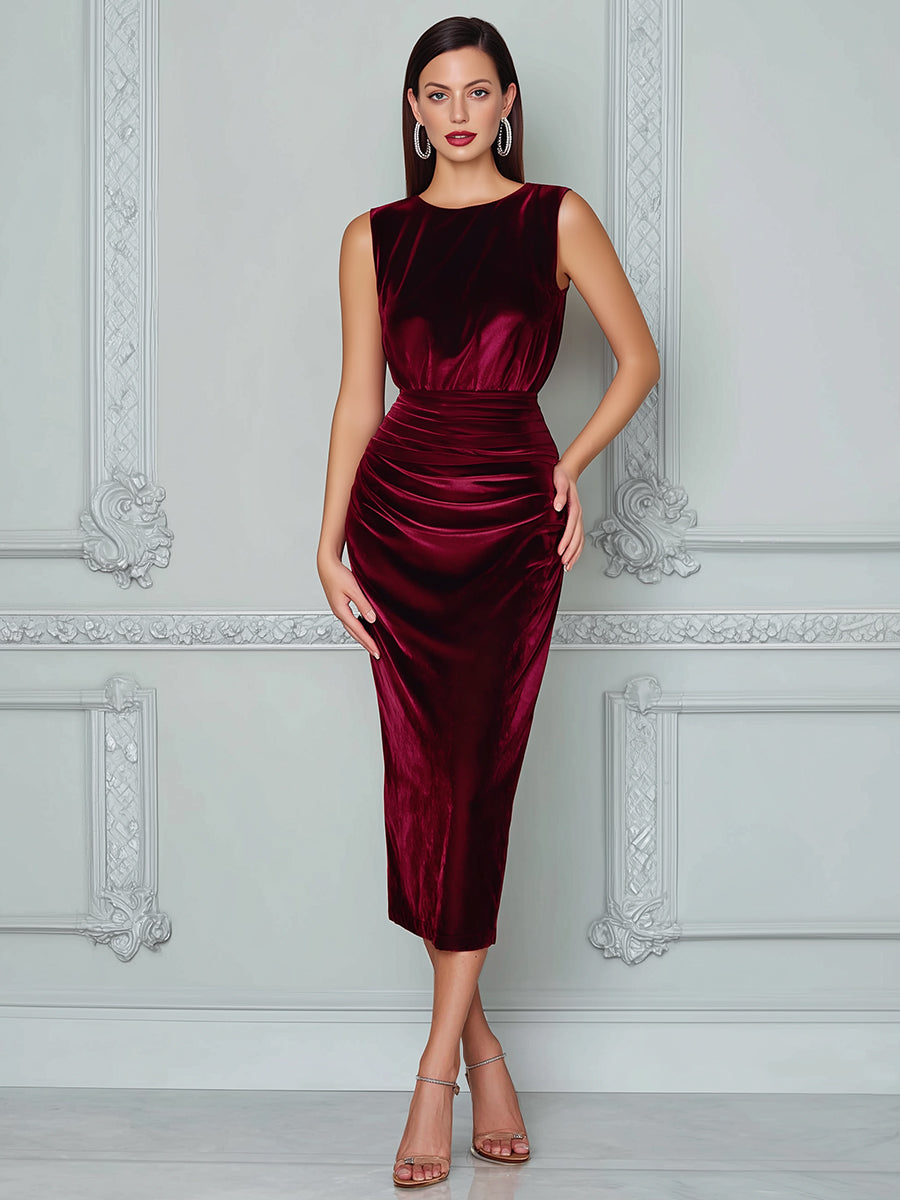 Burgundy Ruched Velvet Bodycon Midi Dress