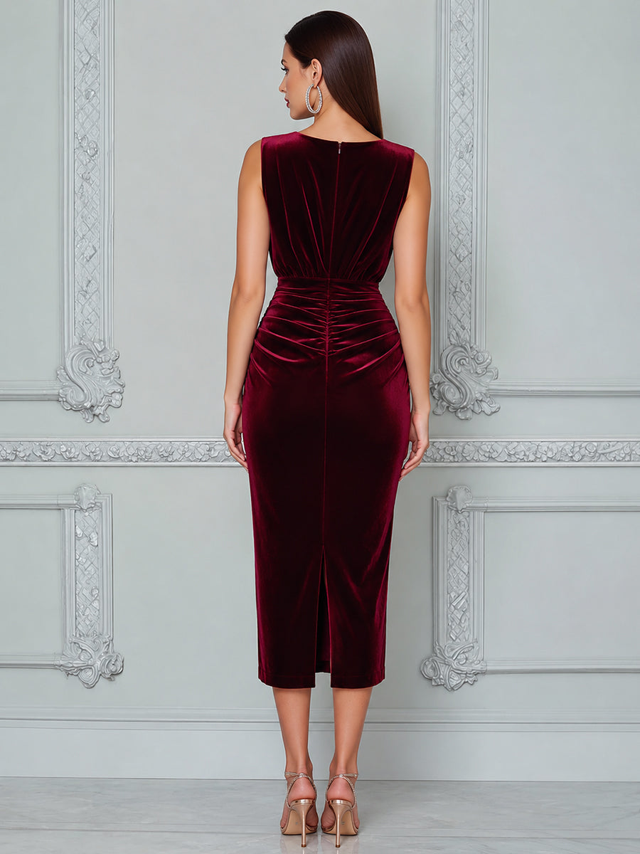 Burgundy Ruched Velvet Bodycon Midi Dress