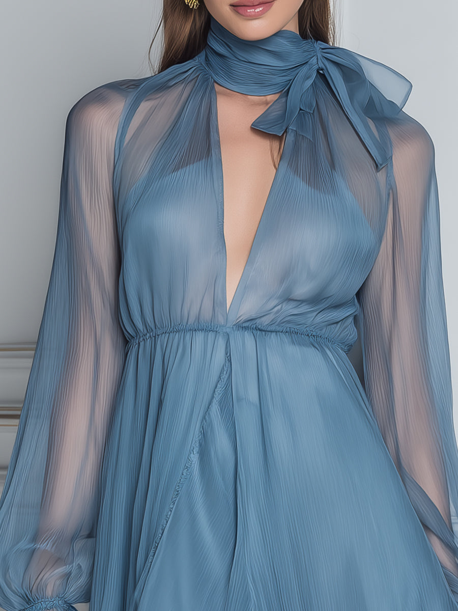Sheer Pleated Tie-Neck Mini Dress
