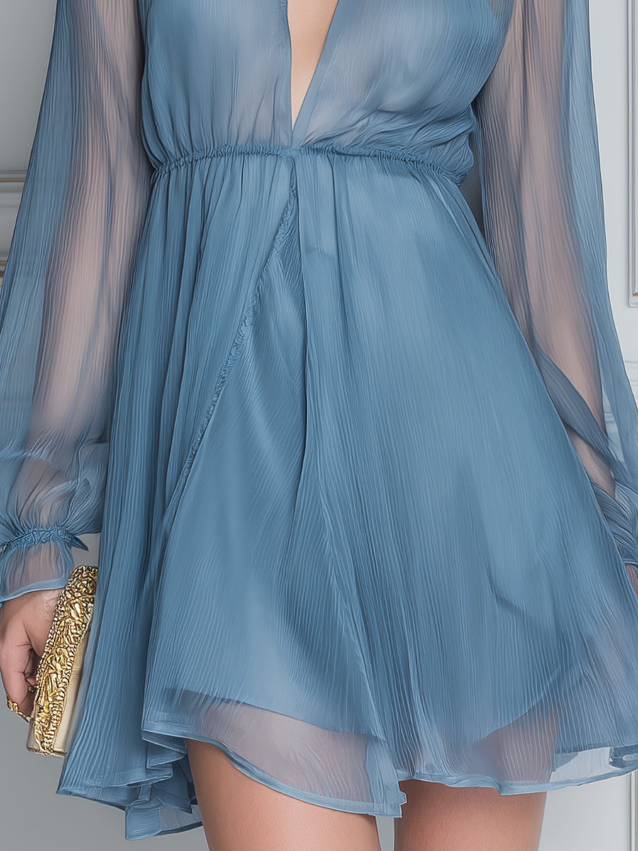 Sheer Pleated Tie-Neck Mini Dress