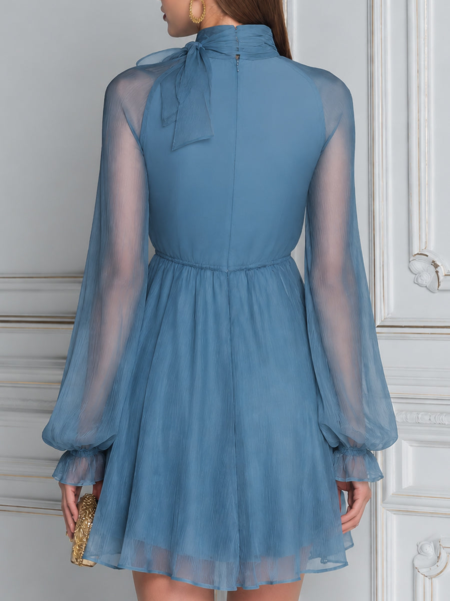 Sheer Pleated Tie-Neck Mini Dress