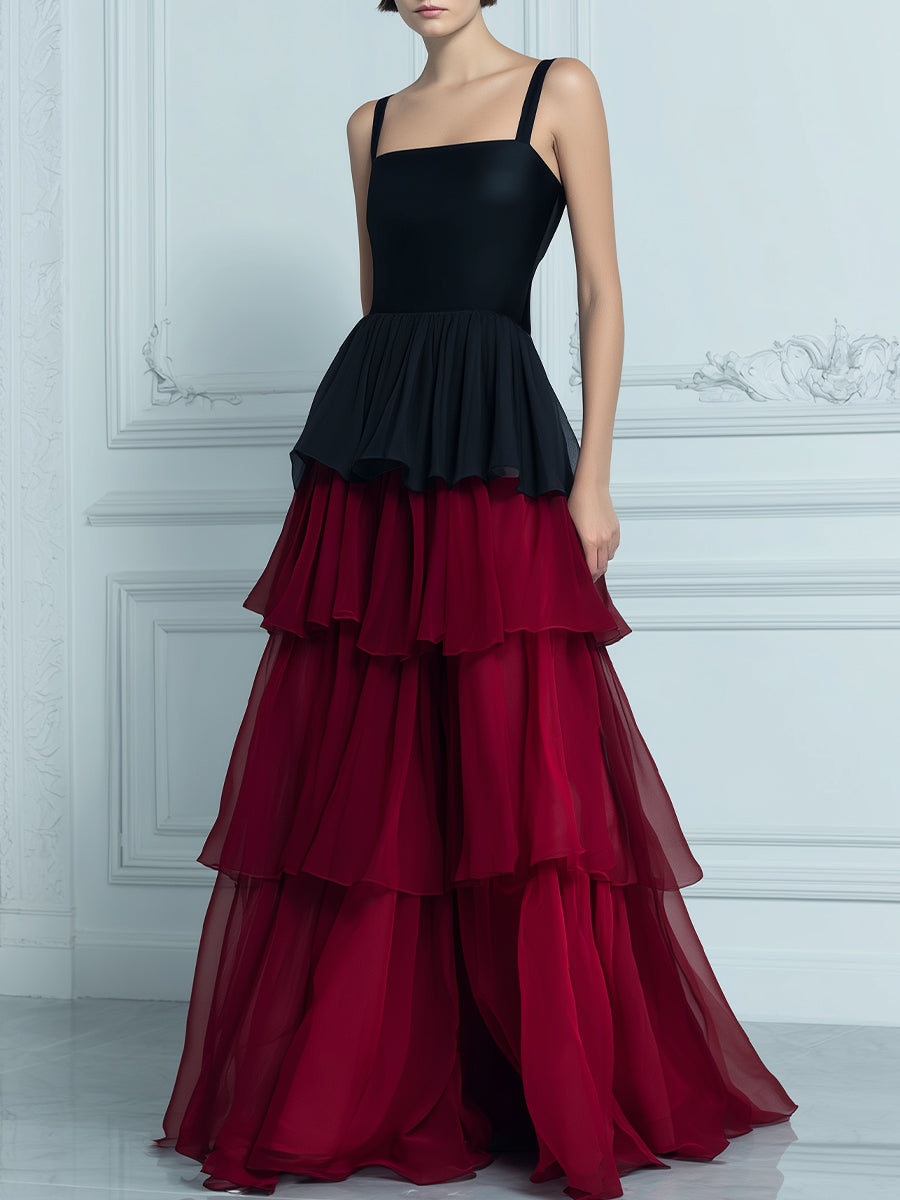Tiered Chiffon Contrast Maxi Dress