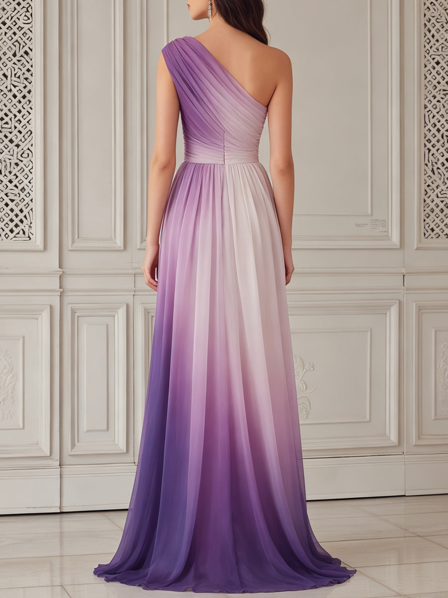 Ethereal Ombre Purple One-Shoulder Ruched Gown