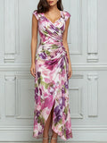 Romantic Watercolor Floral Ruched Maxi Dress
