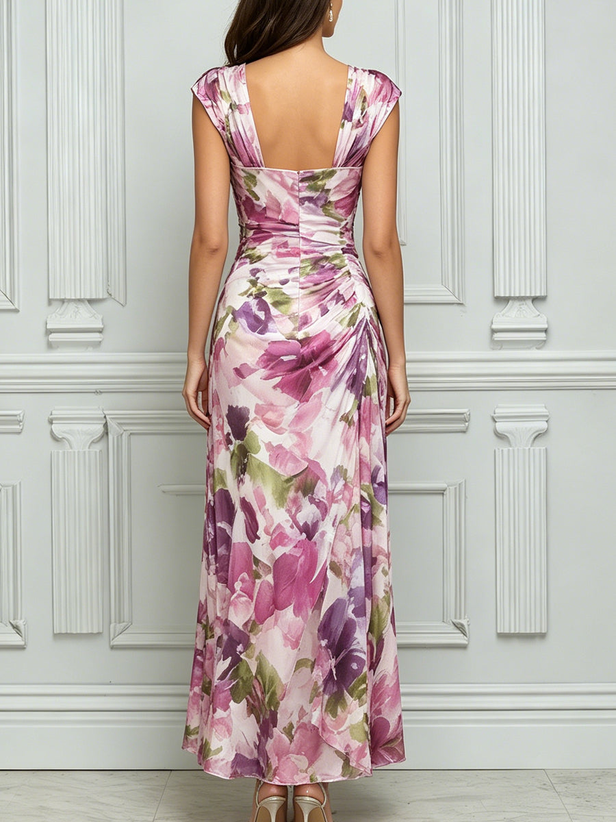 Romantic Watercolor Floral Ruched Maxi Dress
