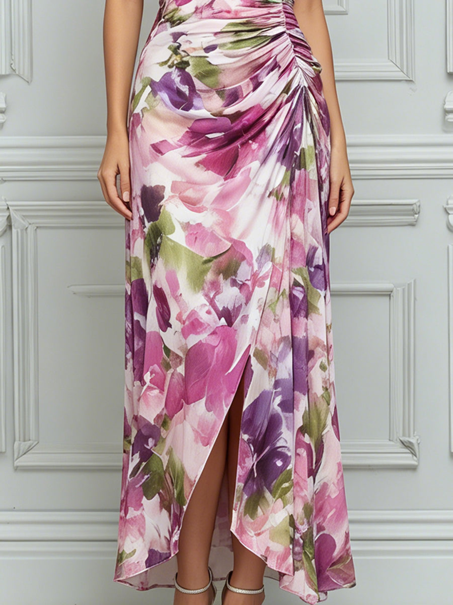 Romantic Watercolor Floral Ruched Maxi Dress