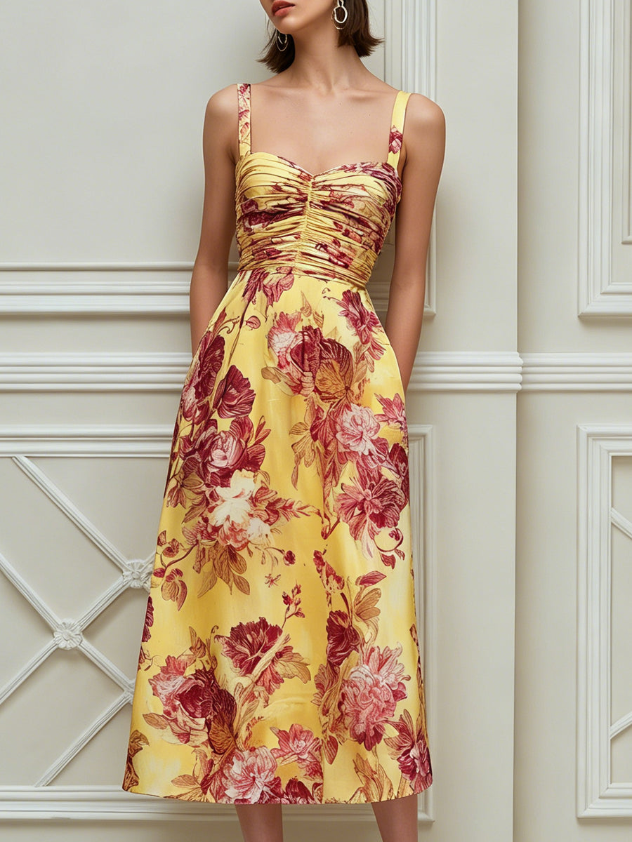 Elegant Ruched Red & Yellow Floral Satin Midi Dress