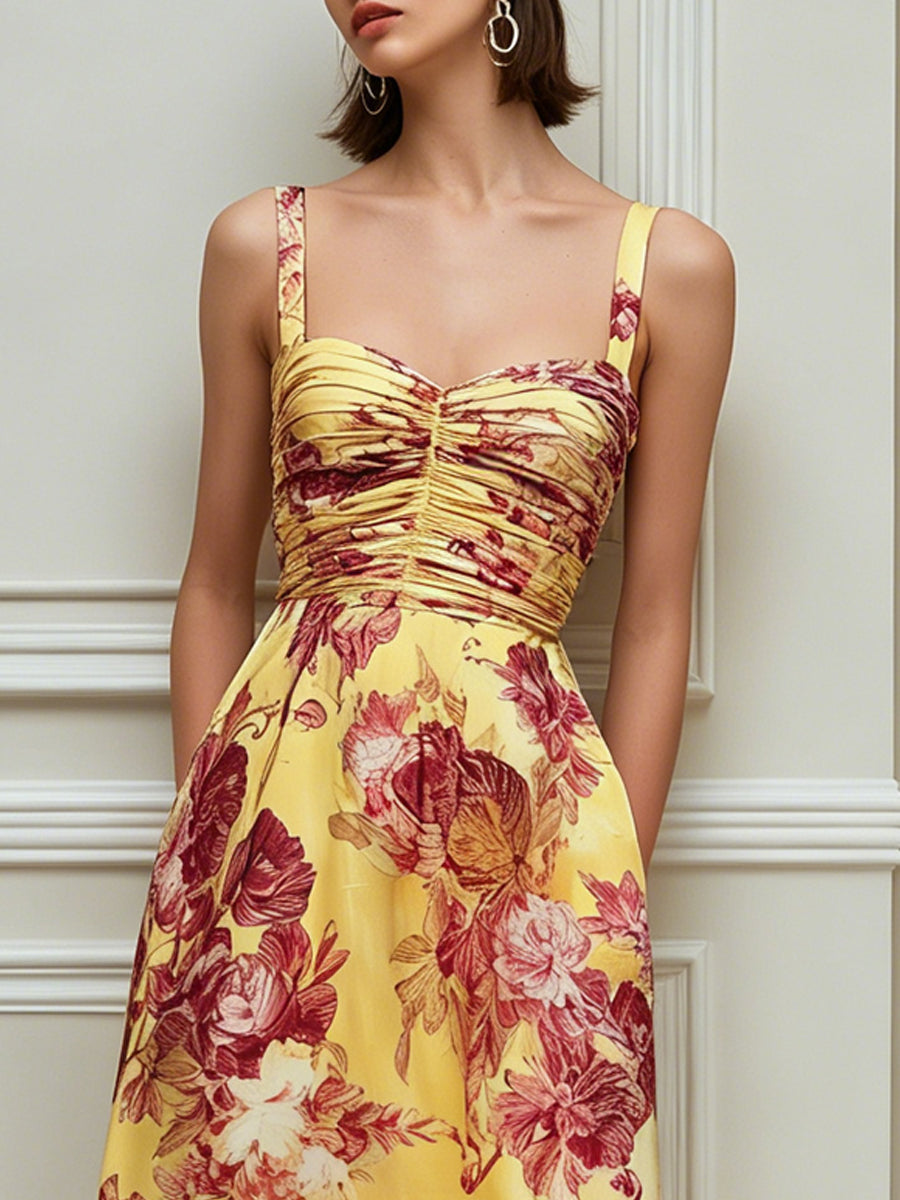 Elegant Ruched Red & Yellow Floral Satin Midi Dress