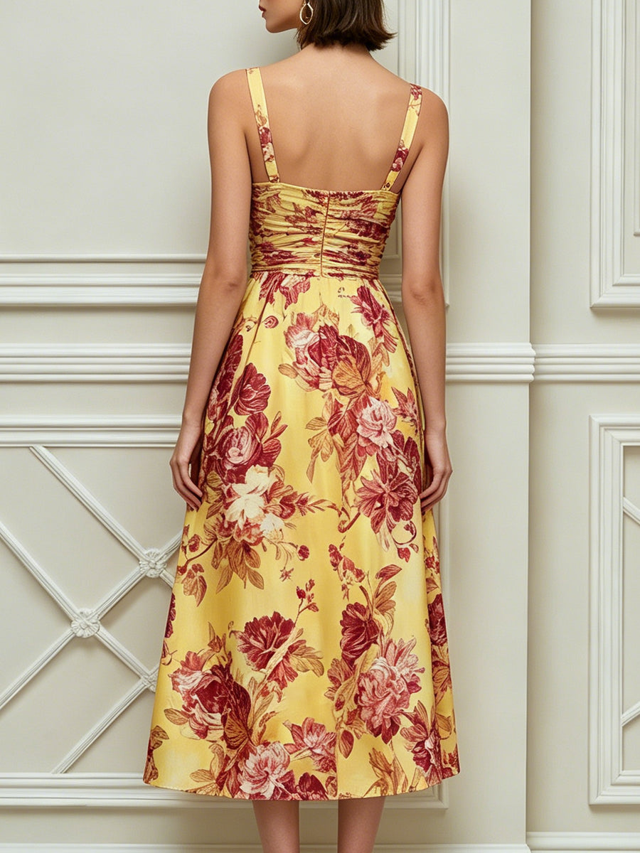 Elegant Ruched Red & Yellow Floral Satin Midi Dress