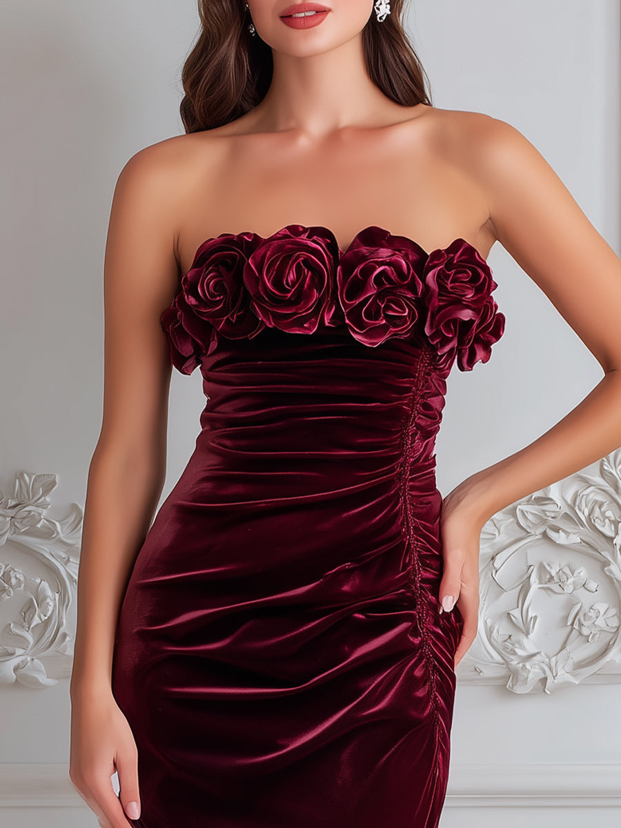 Burgundy Rosette Strapless Velvet Evening Dress