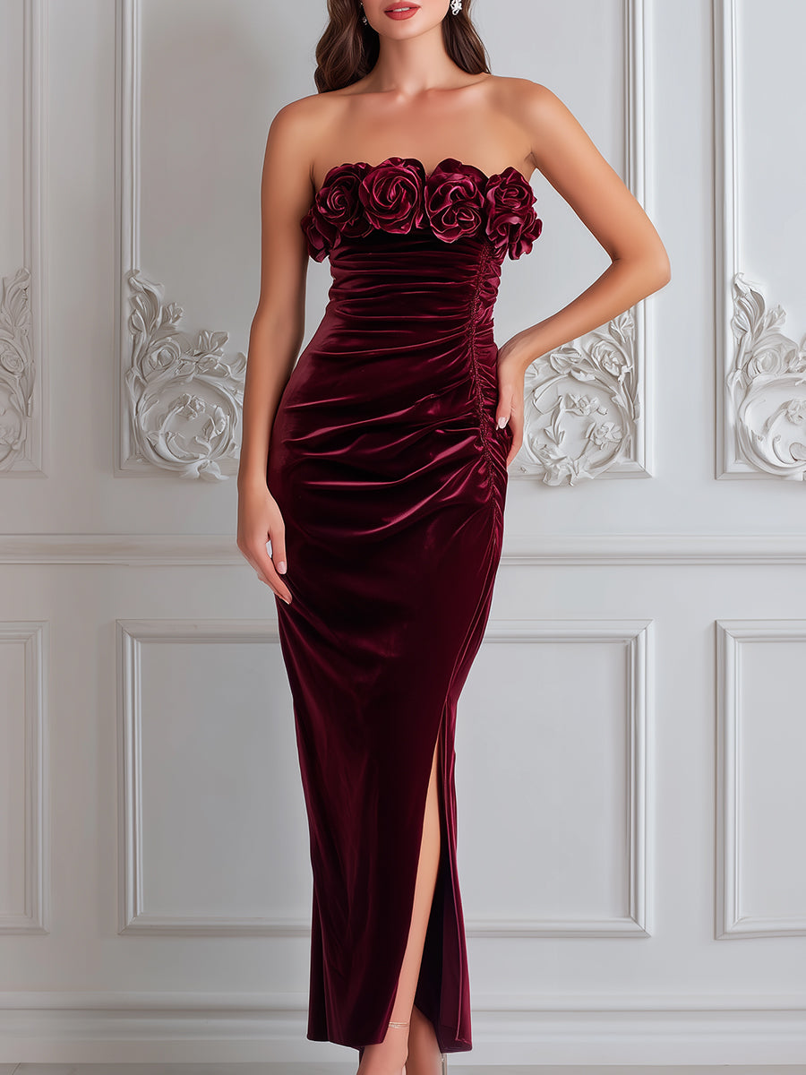 Burgundy Rosette Strapless Velvet Evening Dress