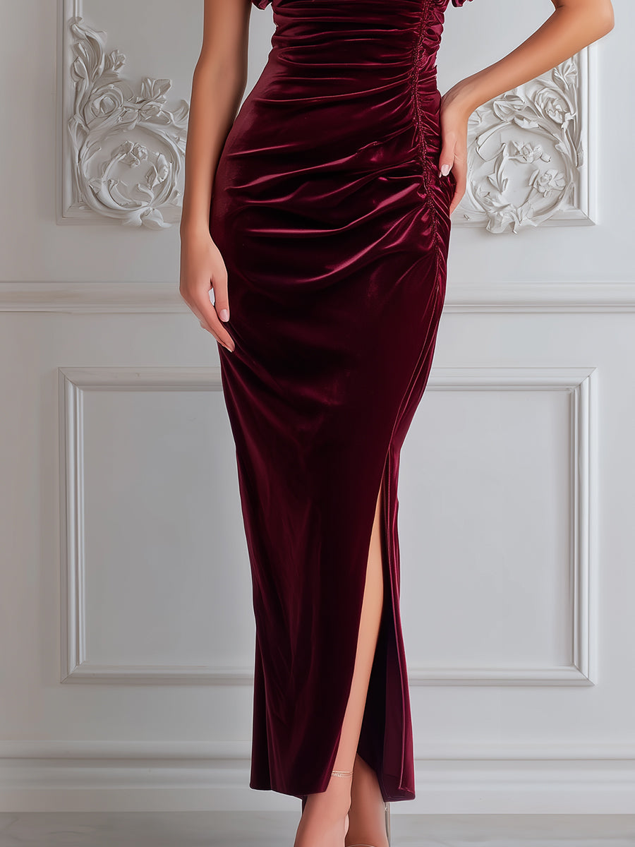 Burgundy Rosette Strapless Velvet Evening Dress