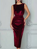 Burgundy Ruched Velvet Bodycon Midi Dress