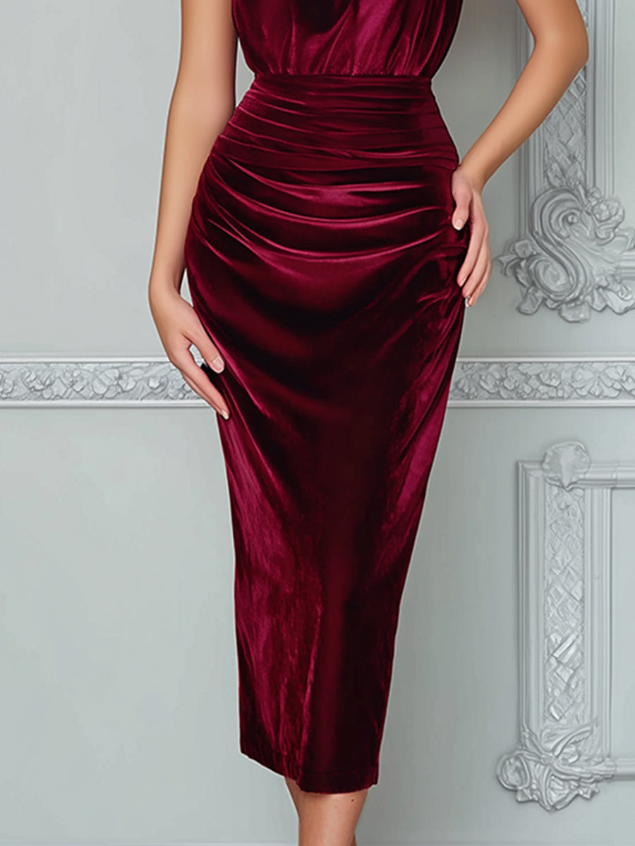 Burgundy Ruched Velvet Bodycon Midi Dress