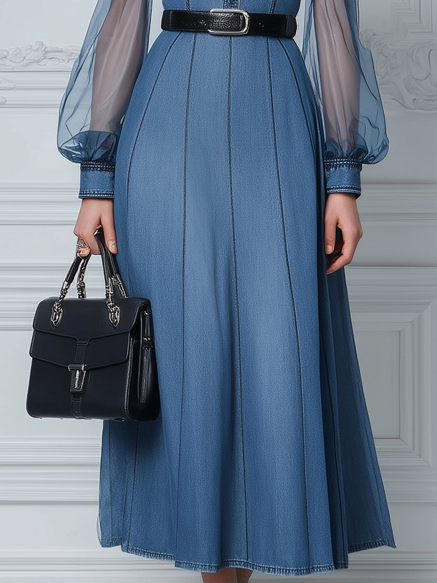 Sheer Sleeve Belted Denim Midi Dress