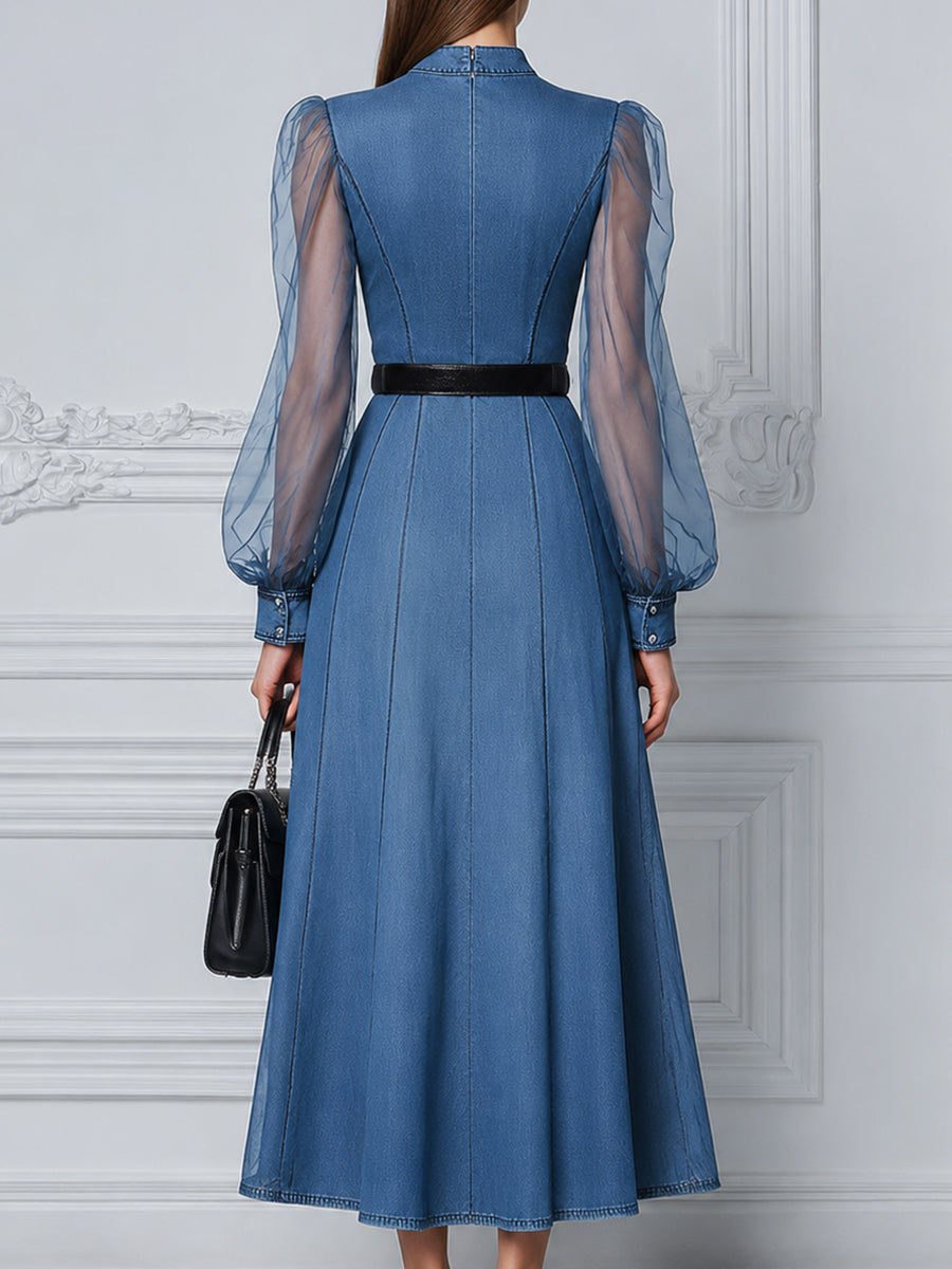 Sheer Sleeve Belted Denim Midi Dress