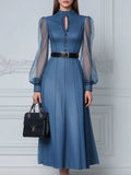 Sheer Sleeve Belted Denim Midi Dress
