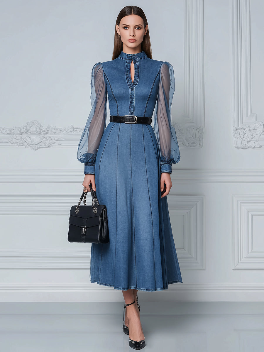 Sheer Sleeve Belted Denim Midi Dress