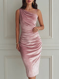 Ethereal Ruched Velvet Asymmetrical Midi Dress