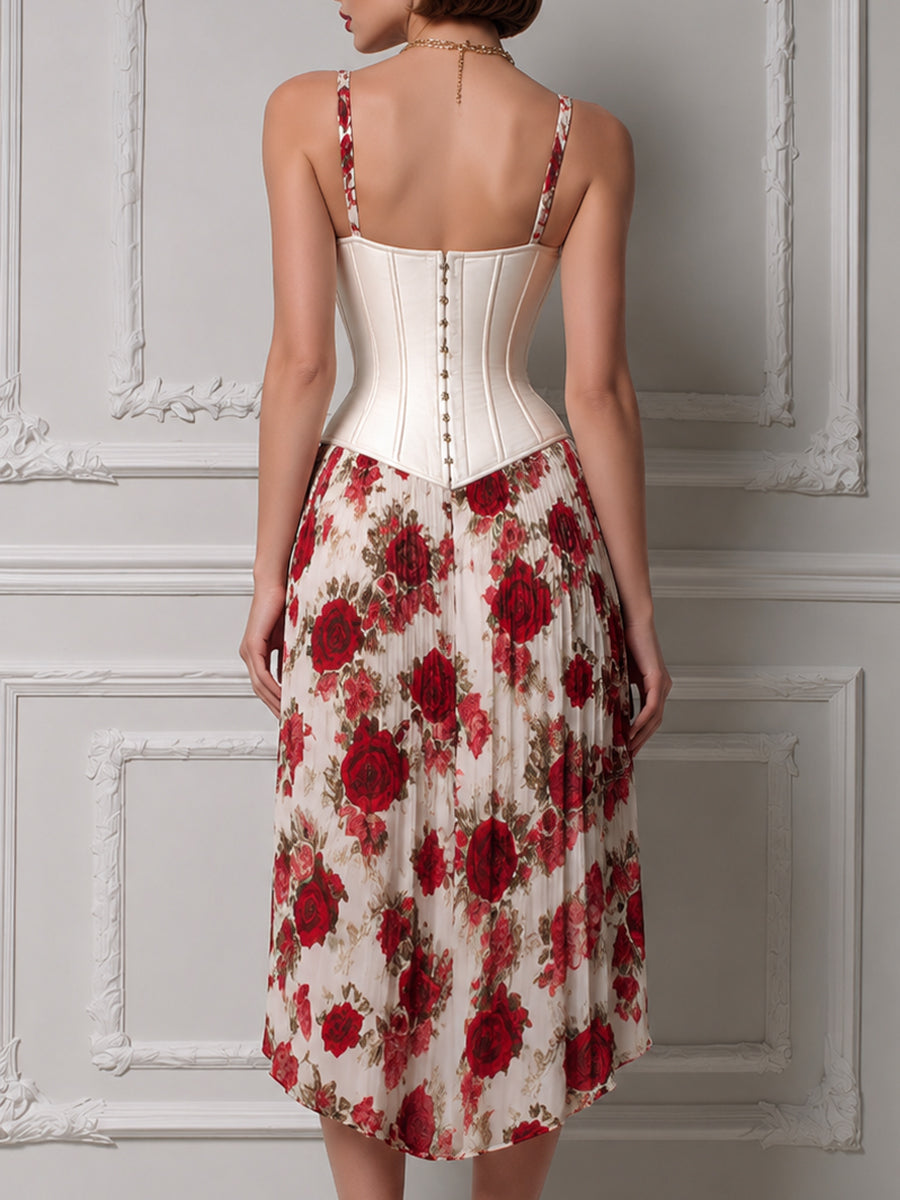 Rose Print Corset Midi Dress