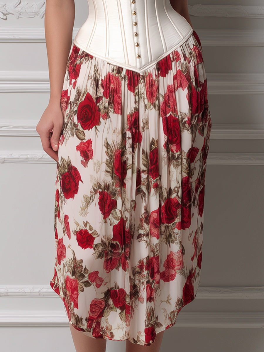 Rose Print Corset Midi Dress
