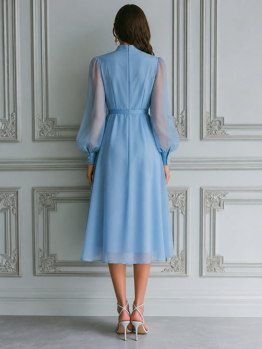Serene Sky Chiffon Lantern Sleeves Midi Dress
