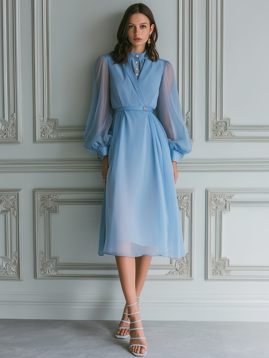 Serene Sky Chiffon Lantern Sleeves Midi Dress