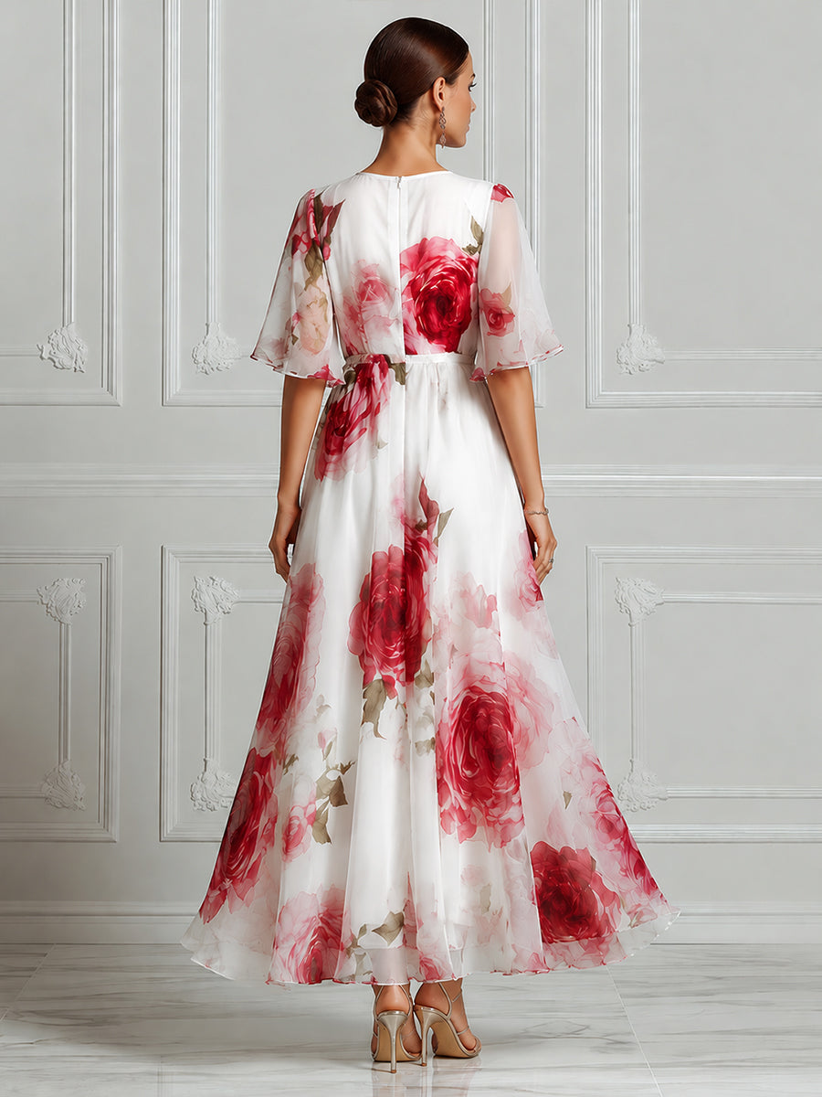 Romantic Rose Print Chiffon Maxi Dress